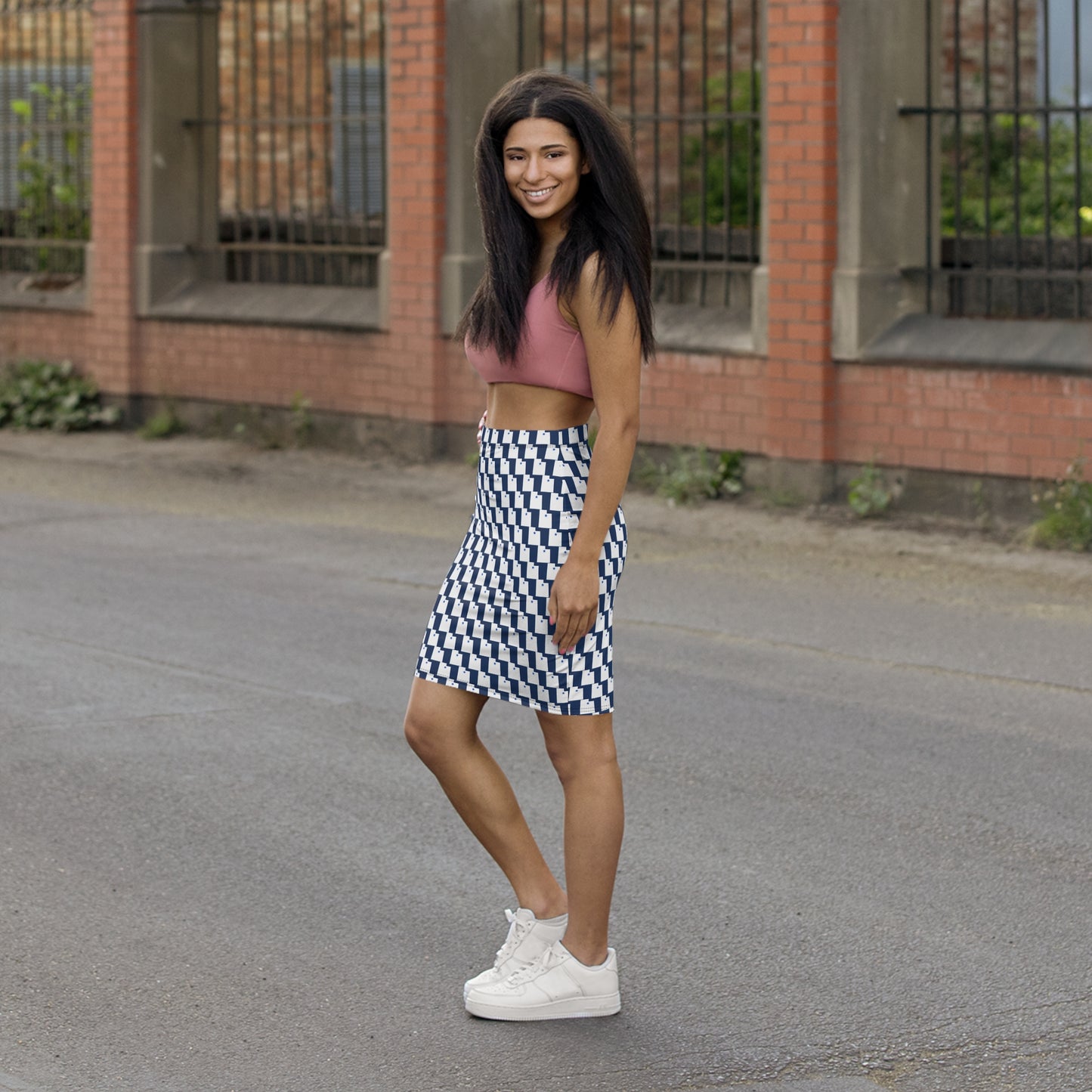 Provo Dark Blue Print Mid-Waist Pencil Skirt