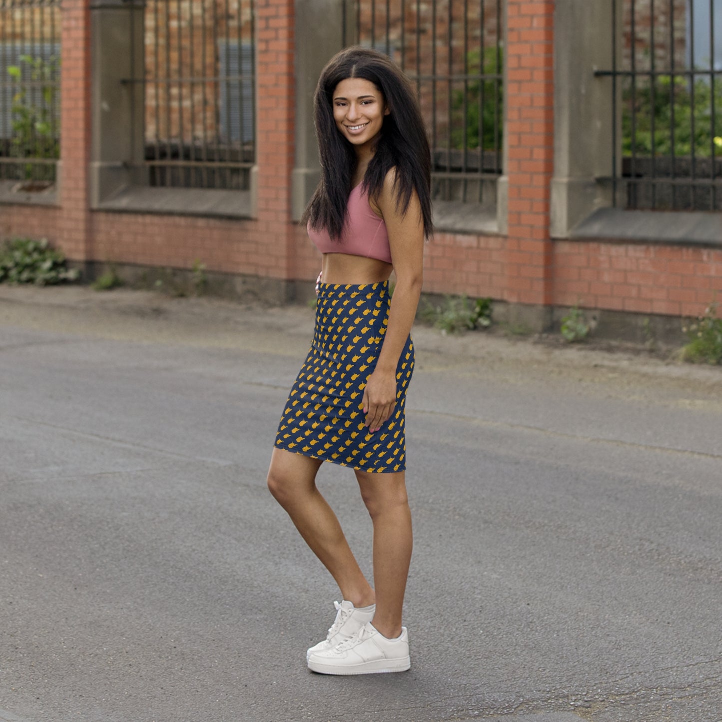 WV Blue Print, Pencil Skirt, Stylish Women's Skirt, Unique Mid-Waist Skirt, Trendy Music Lover Apparel, Perfect for Day/Night Out