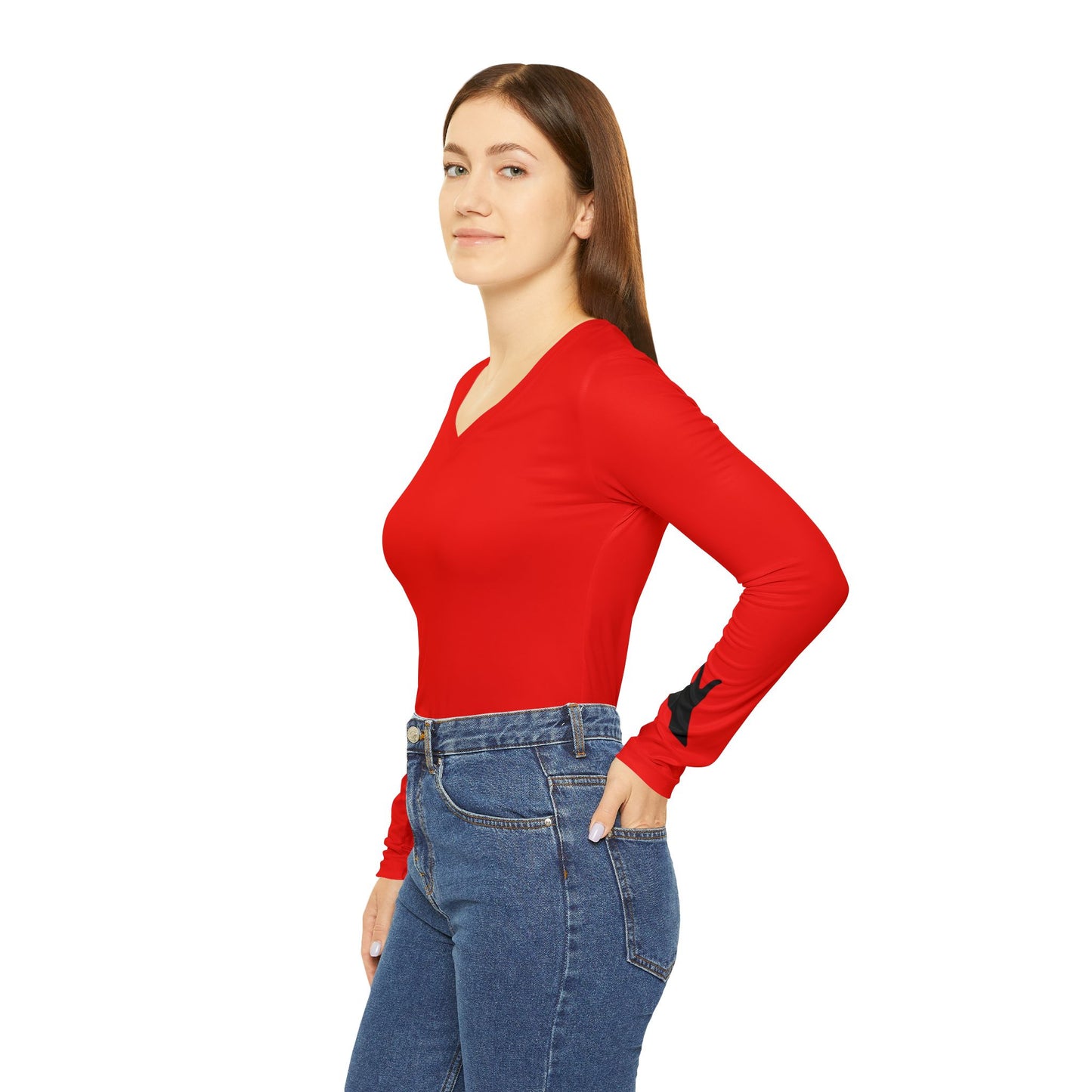 Guns Up Women's Long Sleeve V-Neck Shirt, Scarlet