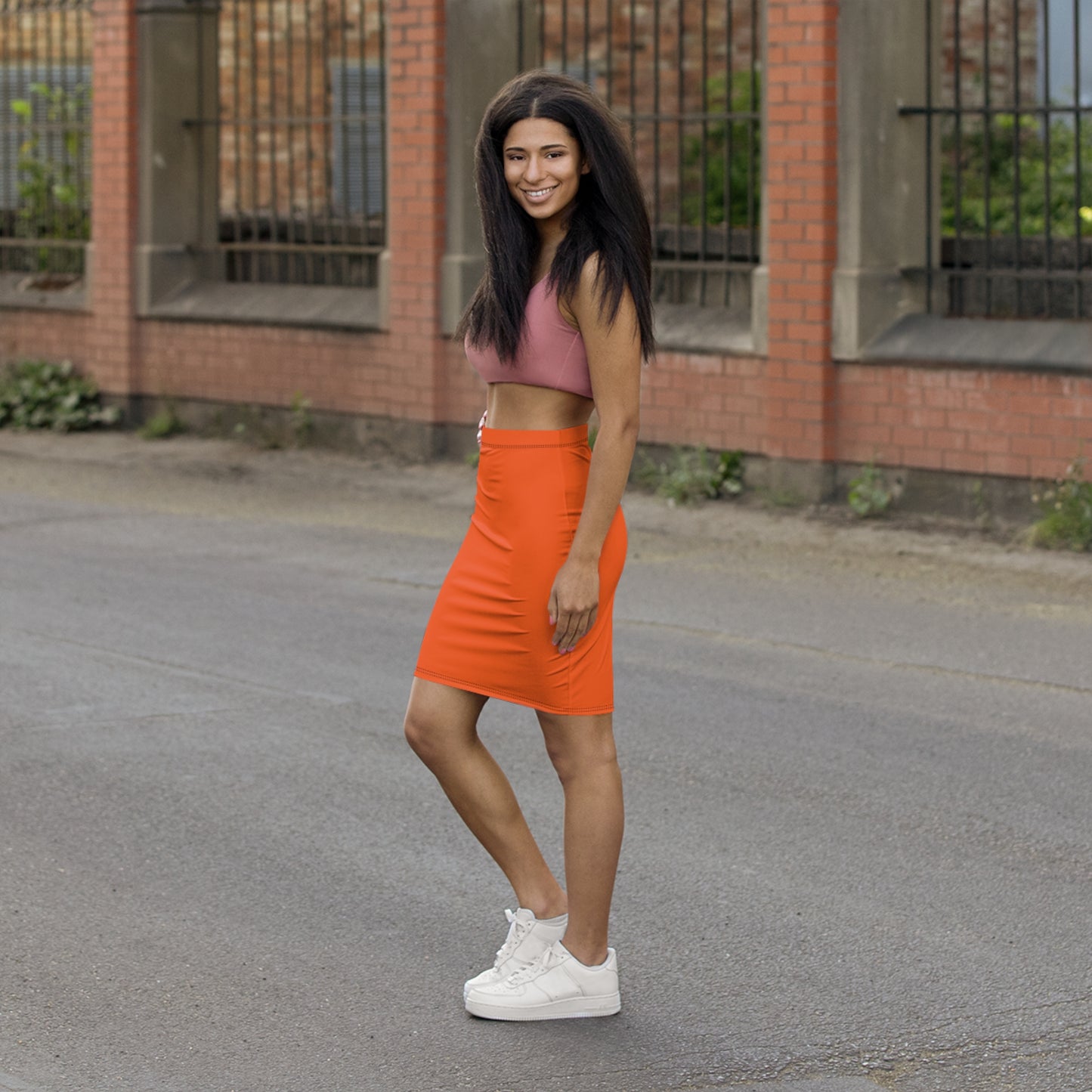 Stillwater Orange Mid-Waist Pencil Skirt