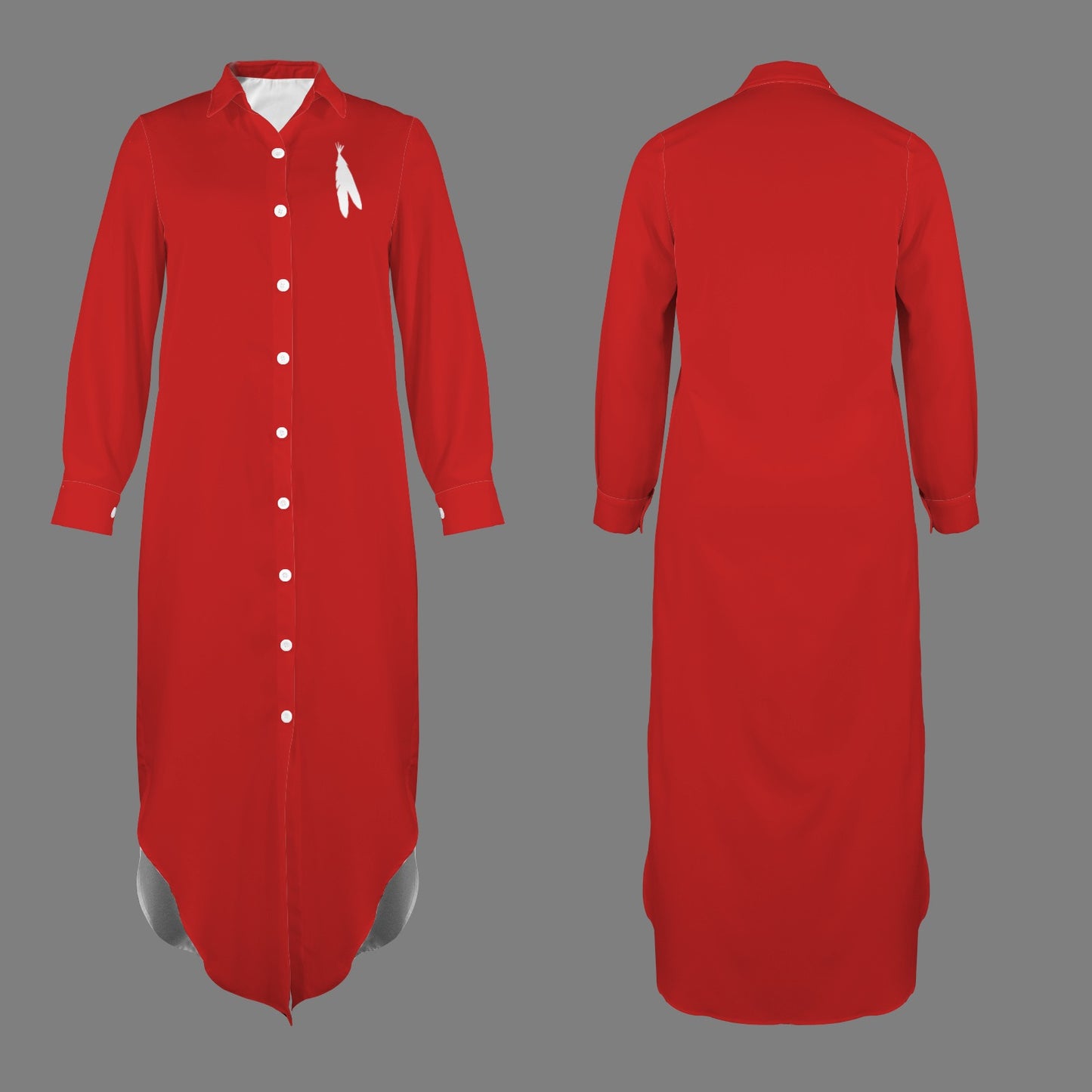 Feather Long Sleeve Shirt Dress, Red