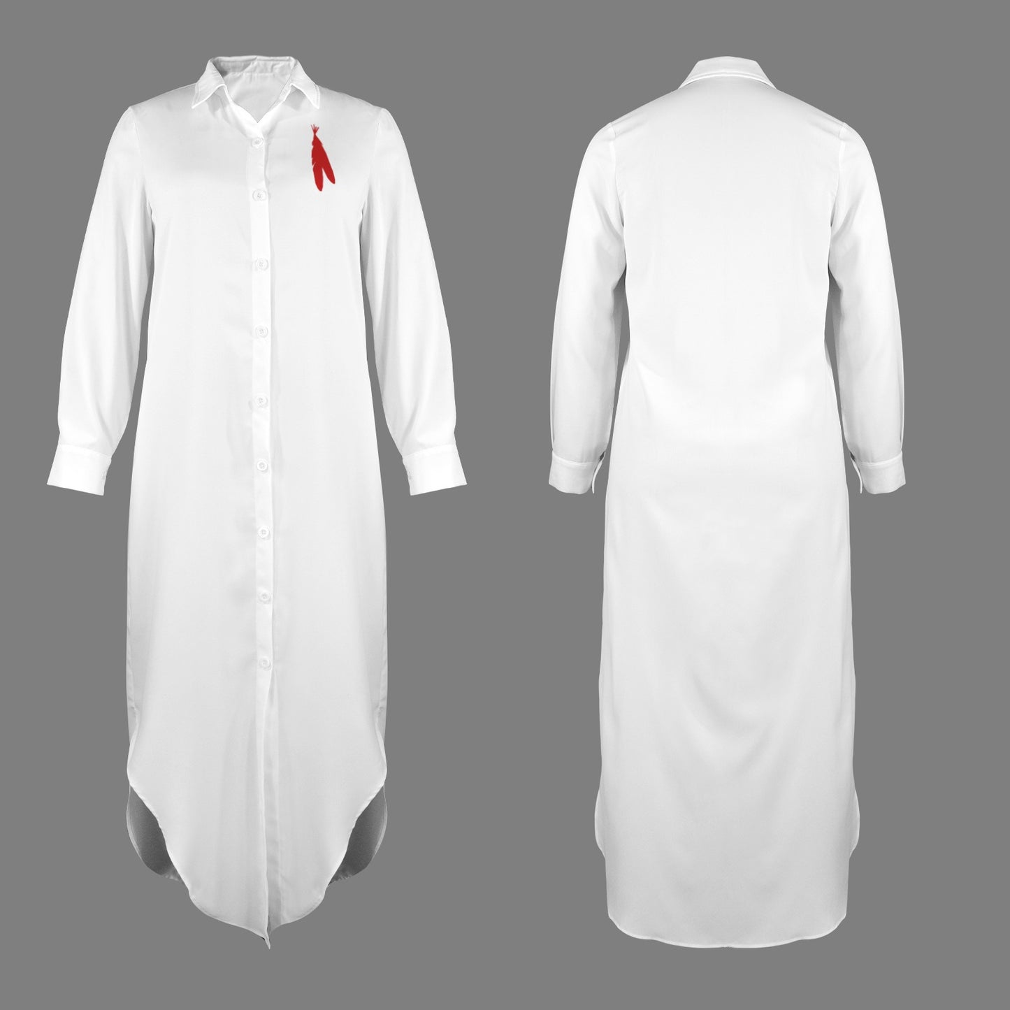 Feather Long Sleeve Shirt Dress, White