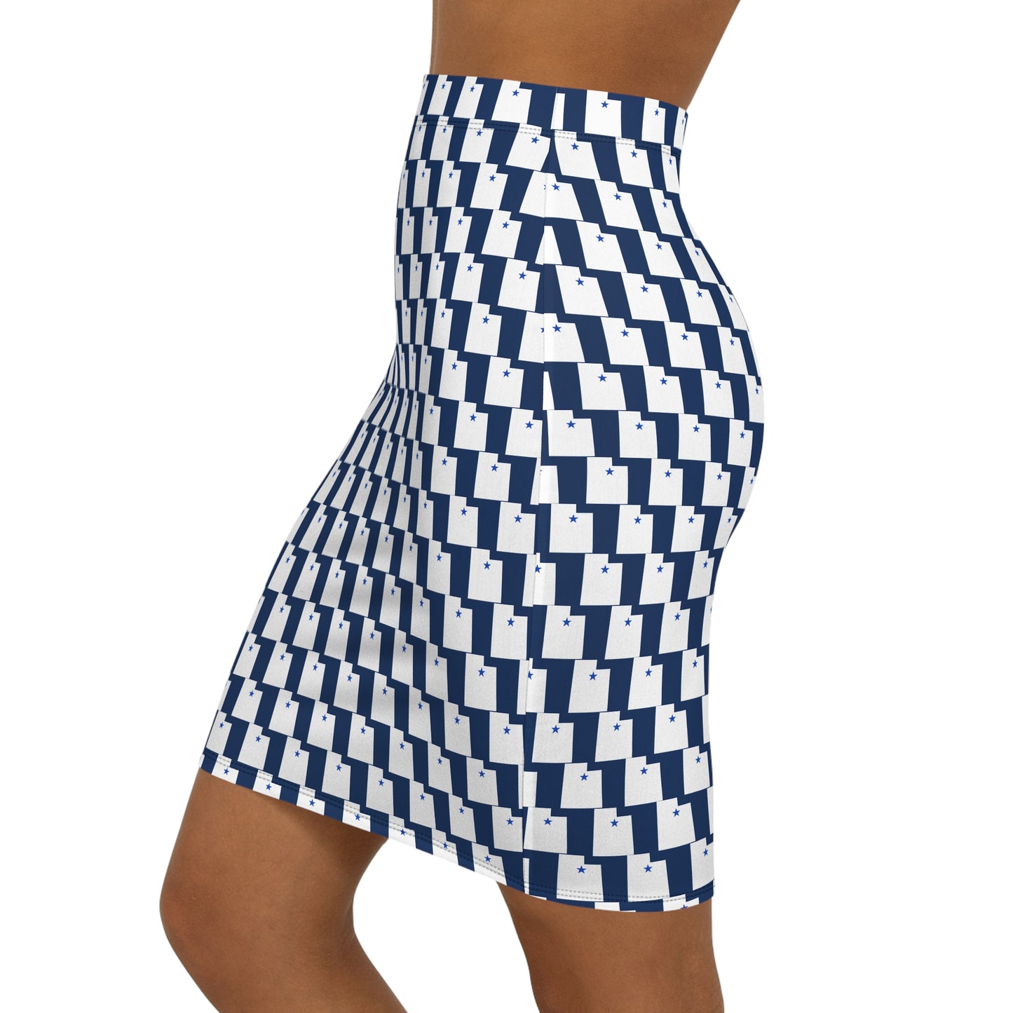 Provo Dark Blue Print Mid-Waist Pencil Skirt