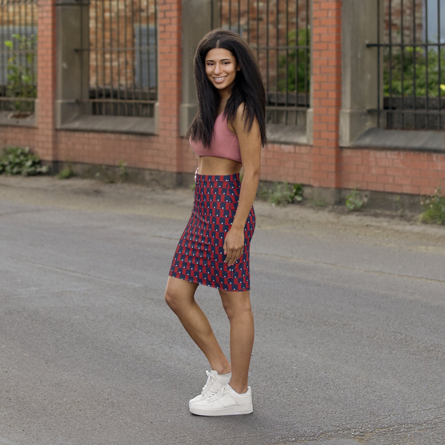 Tucson Red Print, Women's Mid-Waist Pencil Skirt, Red White Blue Skirt, USA Pride Skirt, Independence Day Fashion, Casual Summer Outfit