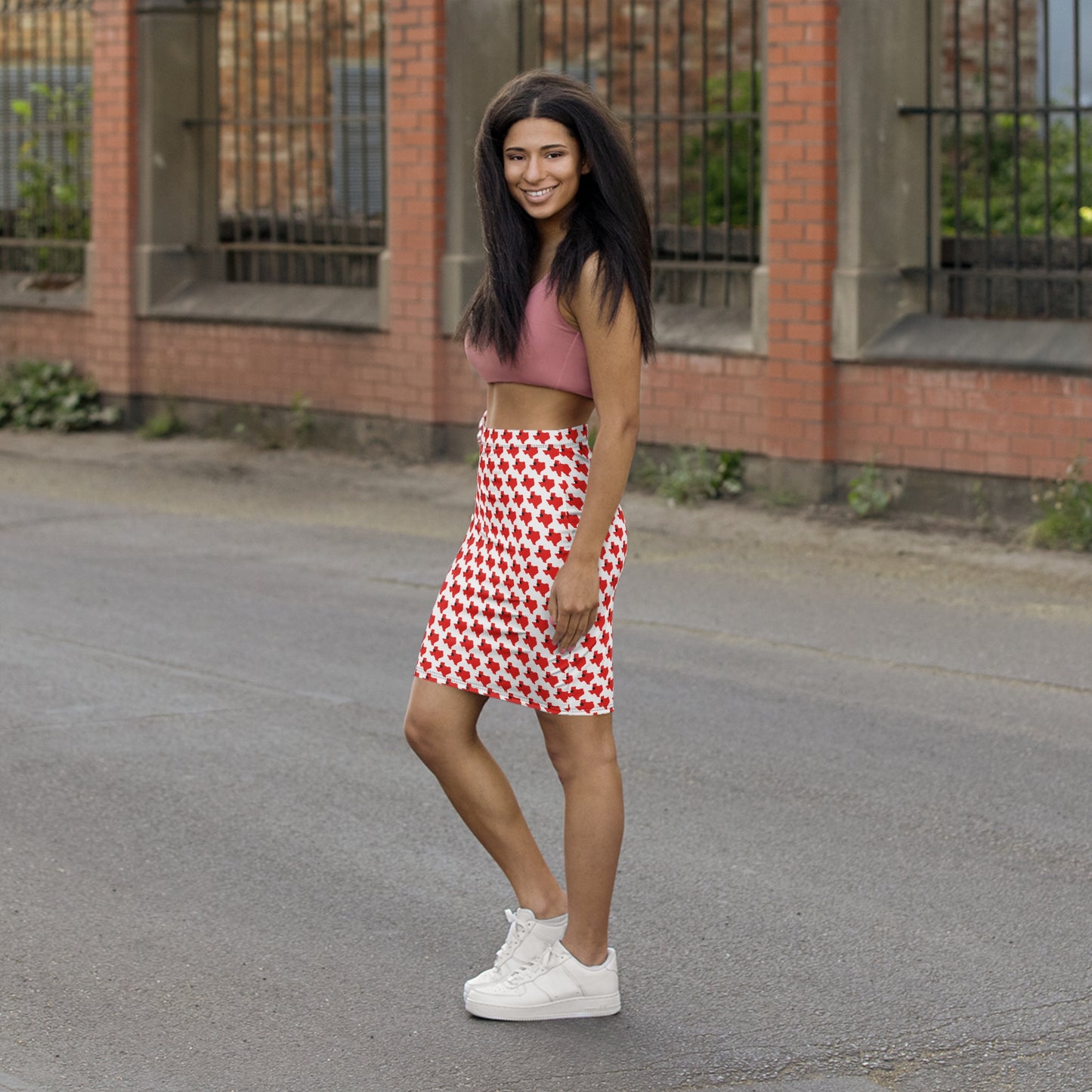 Lubbock White Print, Red Cross Pattern Women's Pencil Skirt, Stylish Mid-Waist Skirt for Casual or Formal Events, Perfect for Fashion Lovers and Gift Ideas