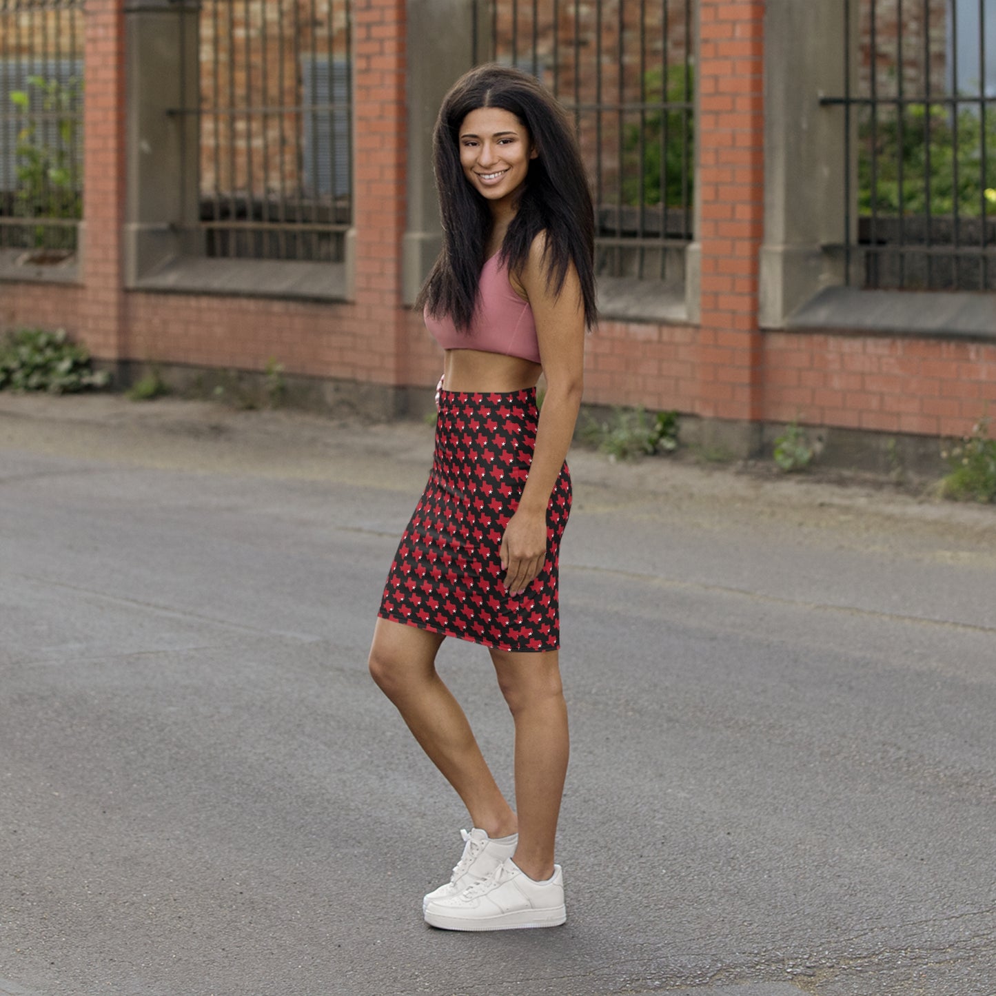Houston Black Print, Mid-Waist Pencil Skirt, Stylish Office Wear, Polished Look, Perfect for Texas Pride, Unique Gift for Her, Trendy Casual Style