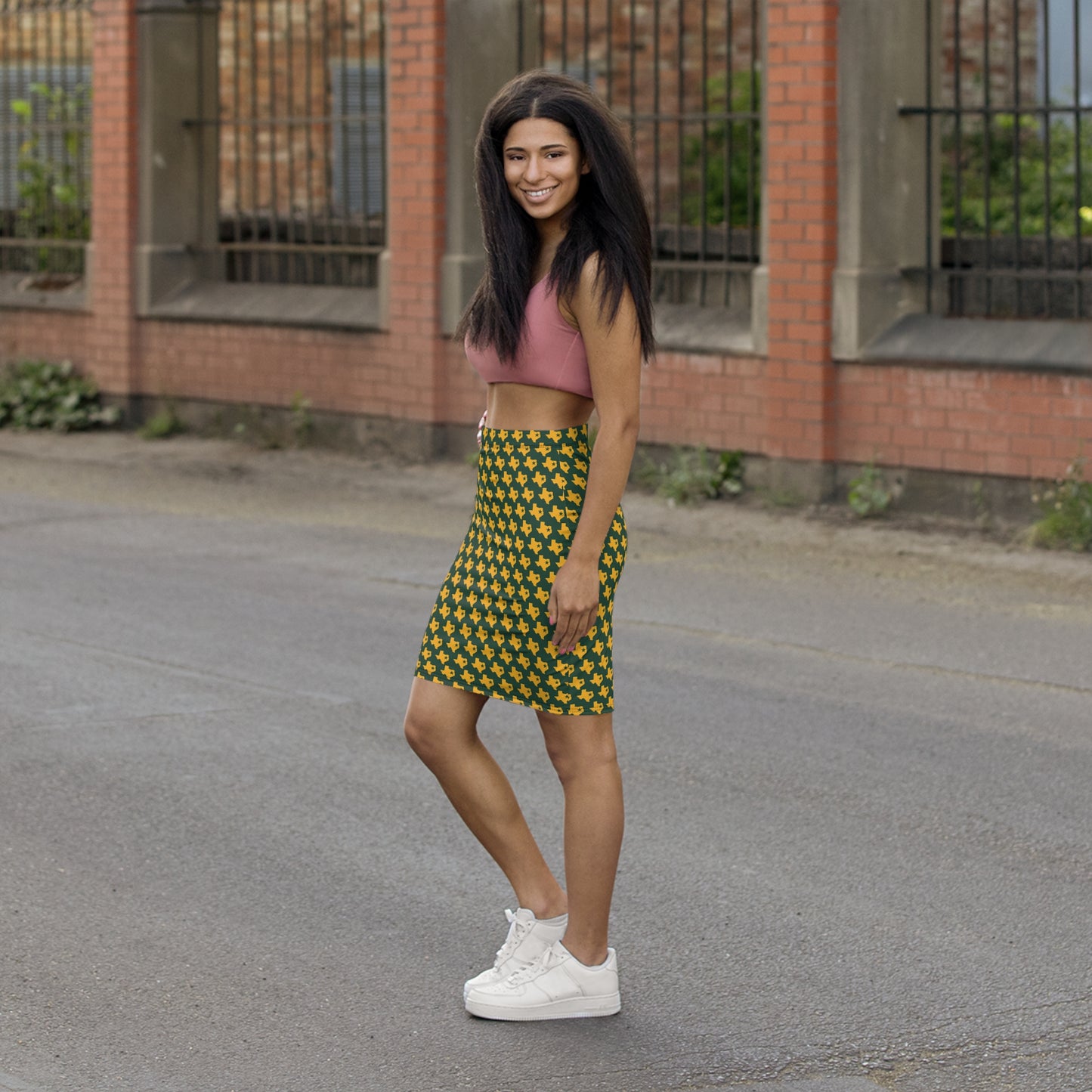 Waco Green Print Mid-Waist Pencil Skirt