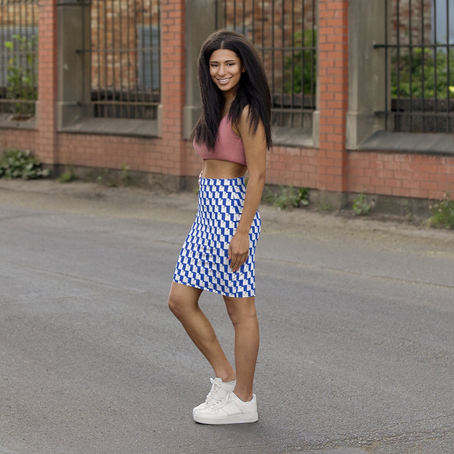 Provo Light Blue Print Mid-Waist Pencil Skirt