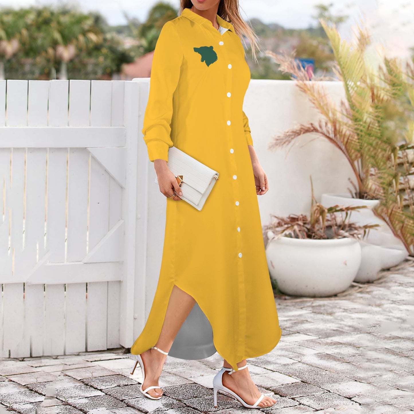 Bear Long Sleeve Shirt Dress, Gold