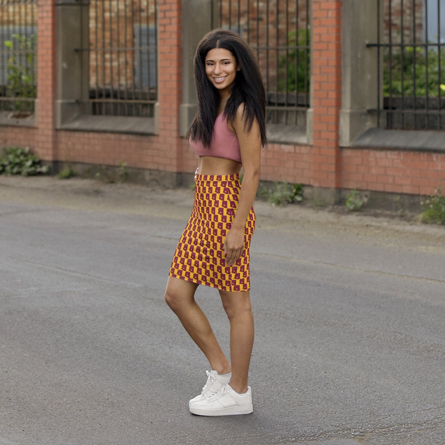 Tempe Gold Print, Chic Geometric Women's Mid-Waist Pencil Skirt, Stylish Office Wear, Trendy Date Night Outfit, Summer Party Look, Unique Gift Idea
