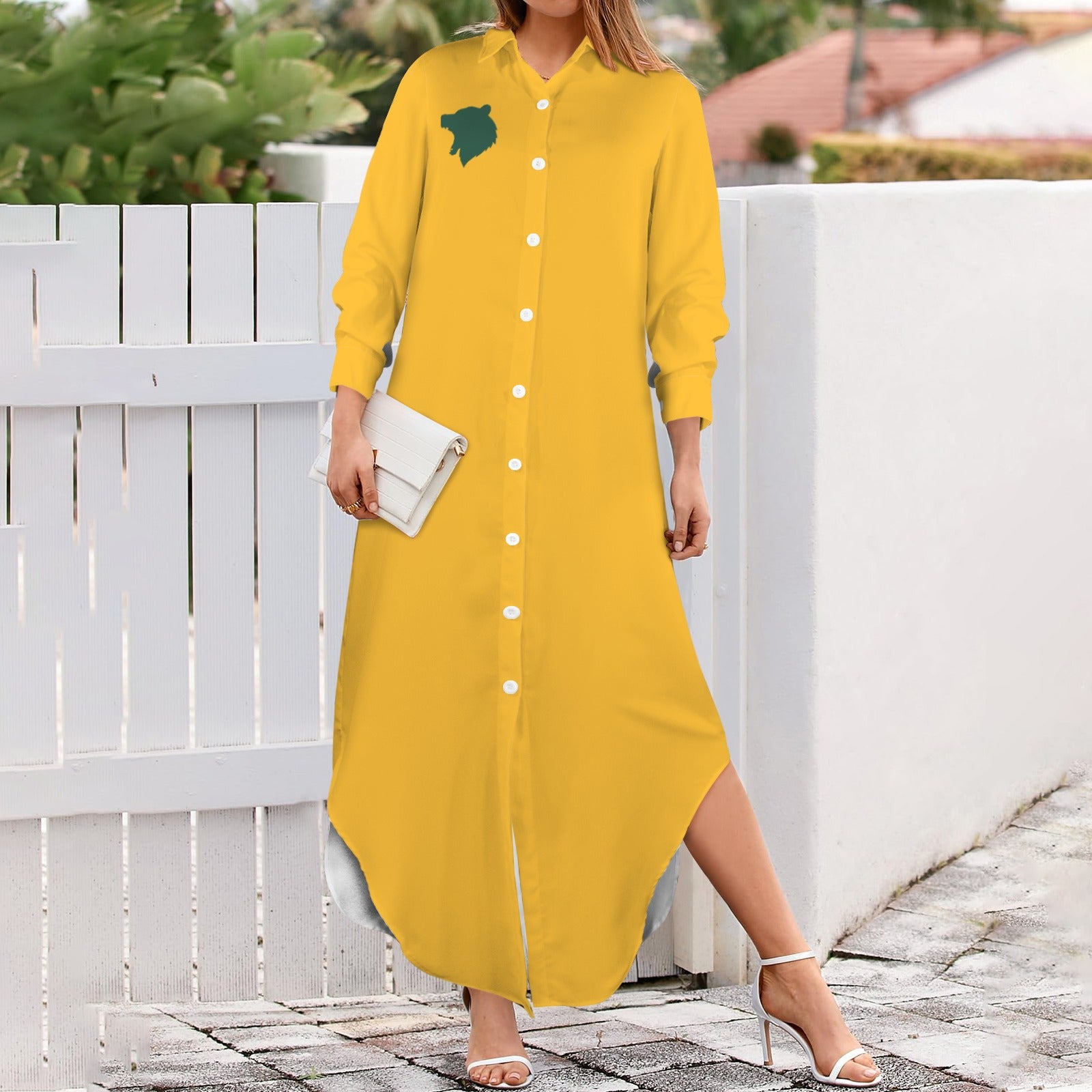 Bear Long Sleeve Shirt Dress, Gold