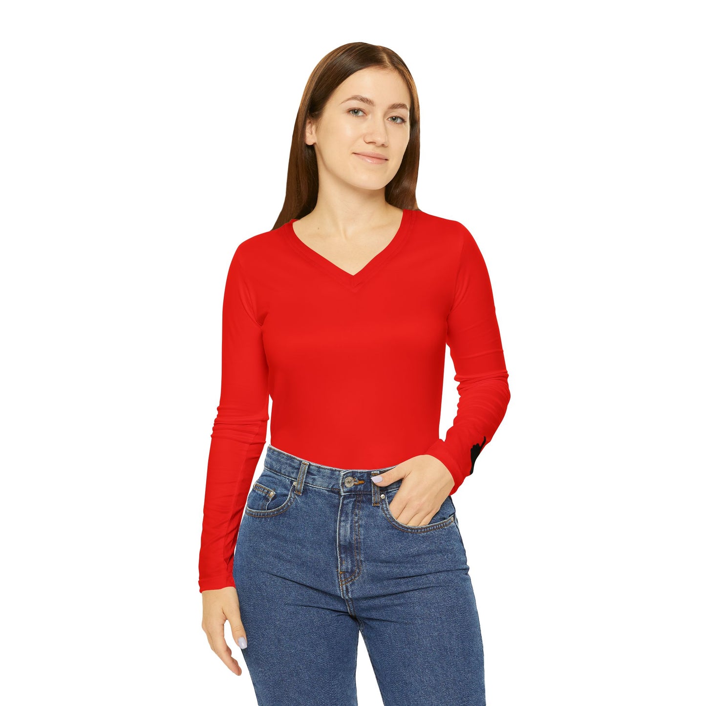 Guns Up Women's Long Sleeve V-Neck Shirt, Scarlet