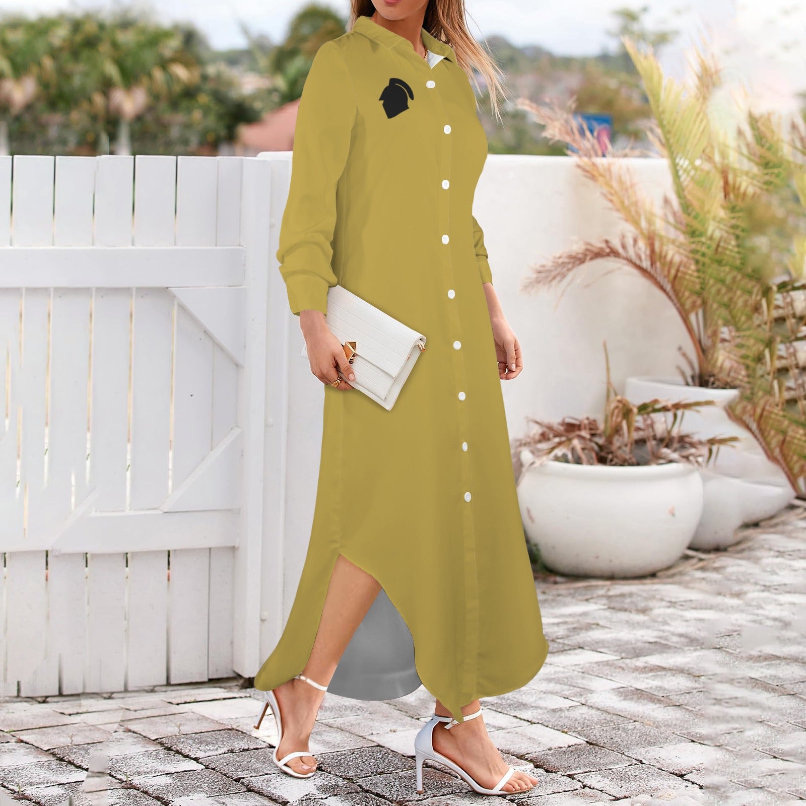 Black Long Sleeve Shirt Dress, Gold