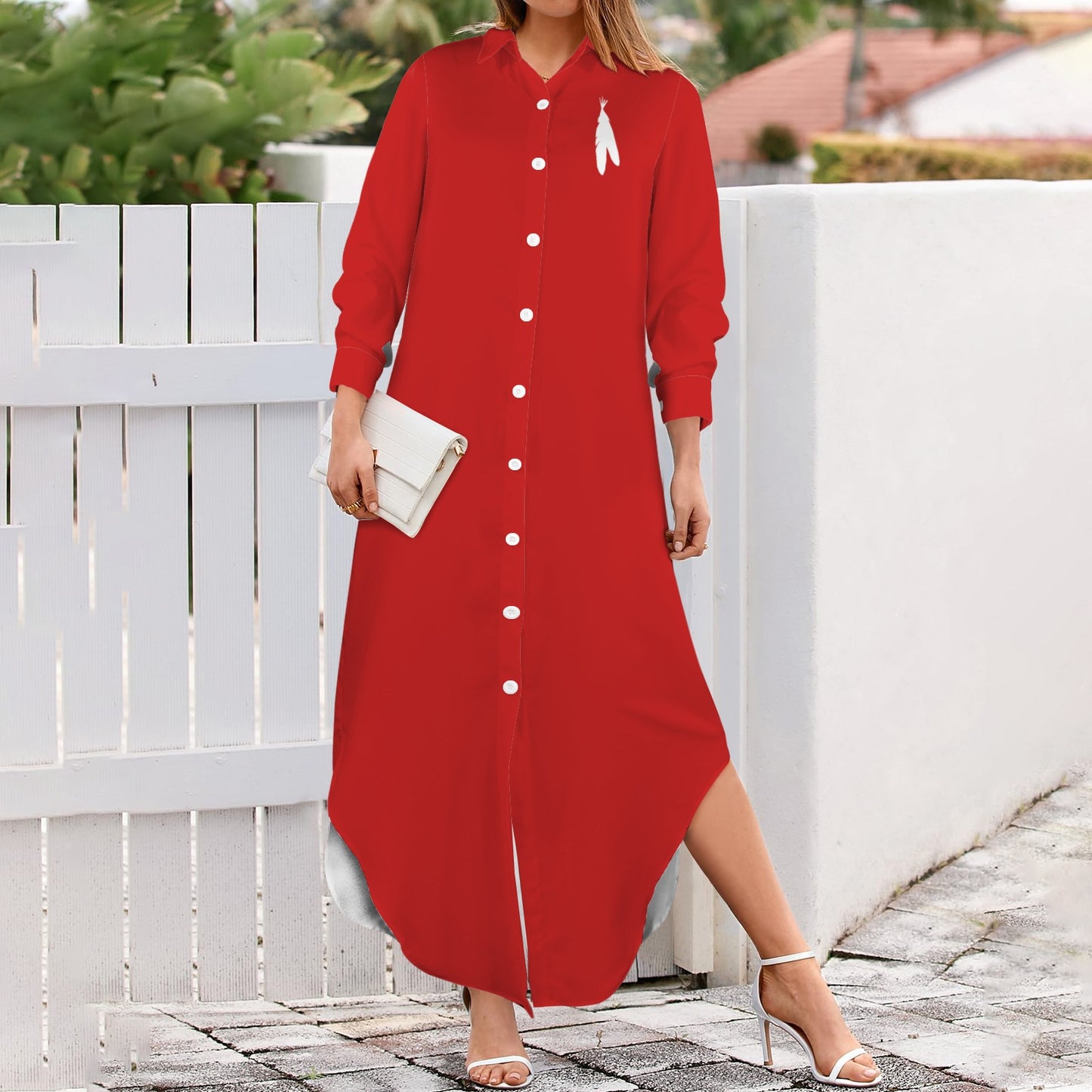 Feather Long Sleeve Shirt Dress, Red
