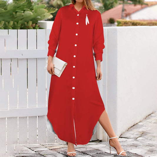 Feather Long Sleeve Shirt Dress, Red