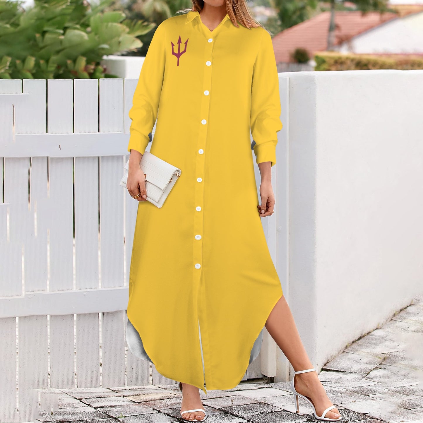 Trident Long Sleeve Shirt Dress, Gold
