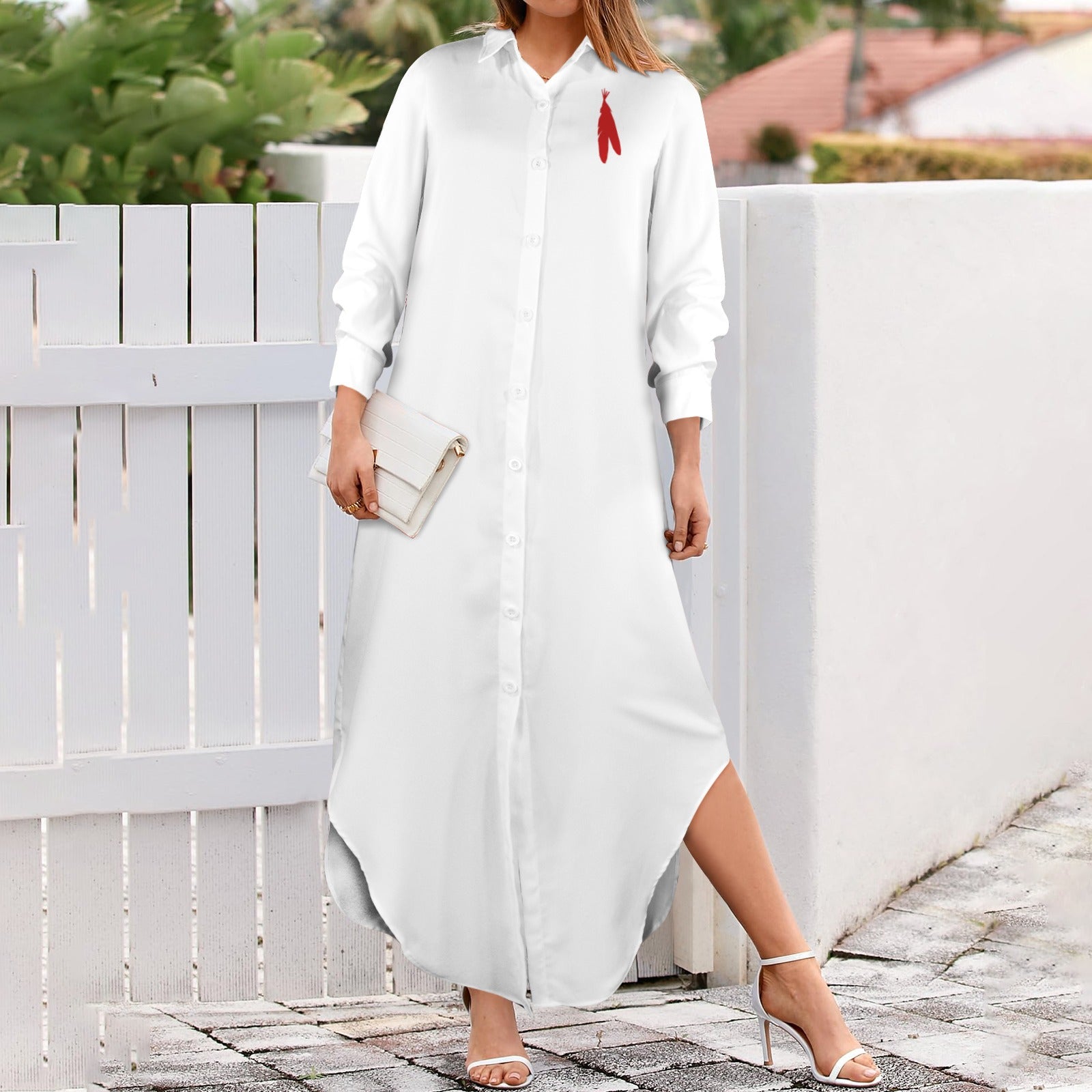 Feather Long Sleeve Shirt Dress, White