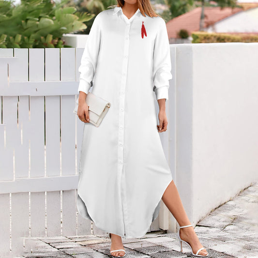 Feather Long Sleeve Shirt Dress, White
