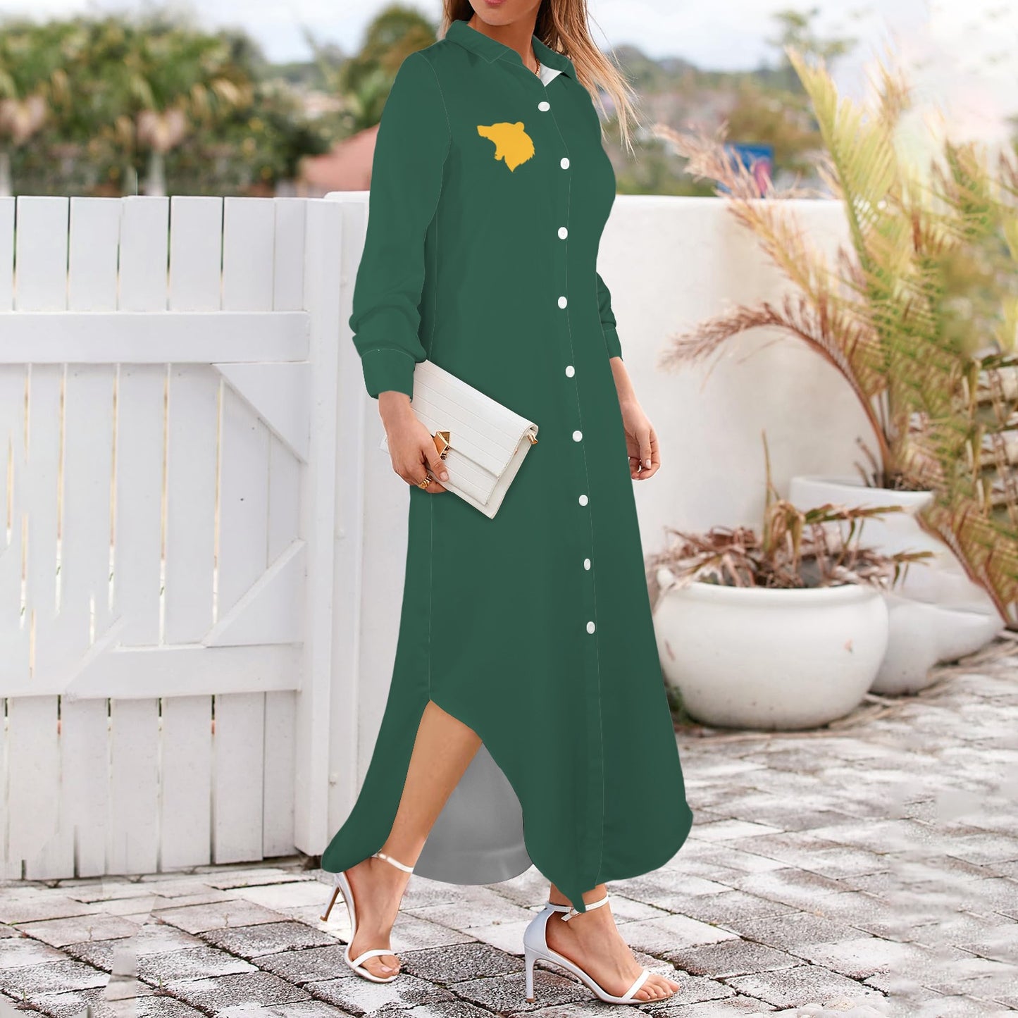 Bear Long Sleeve Shirt Dress, Green