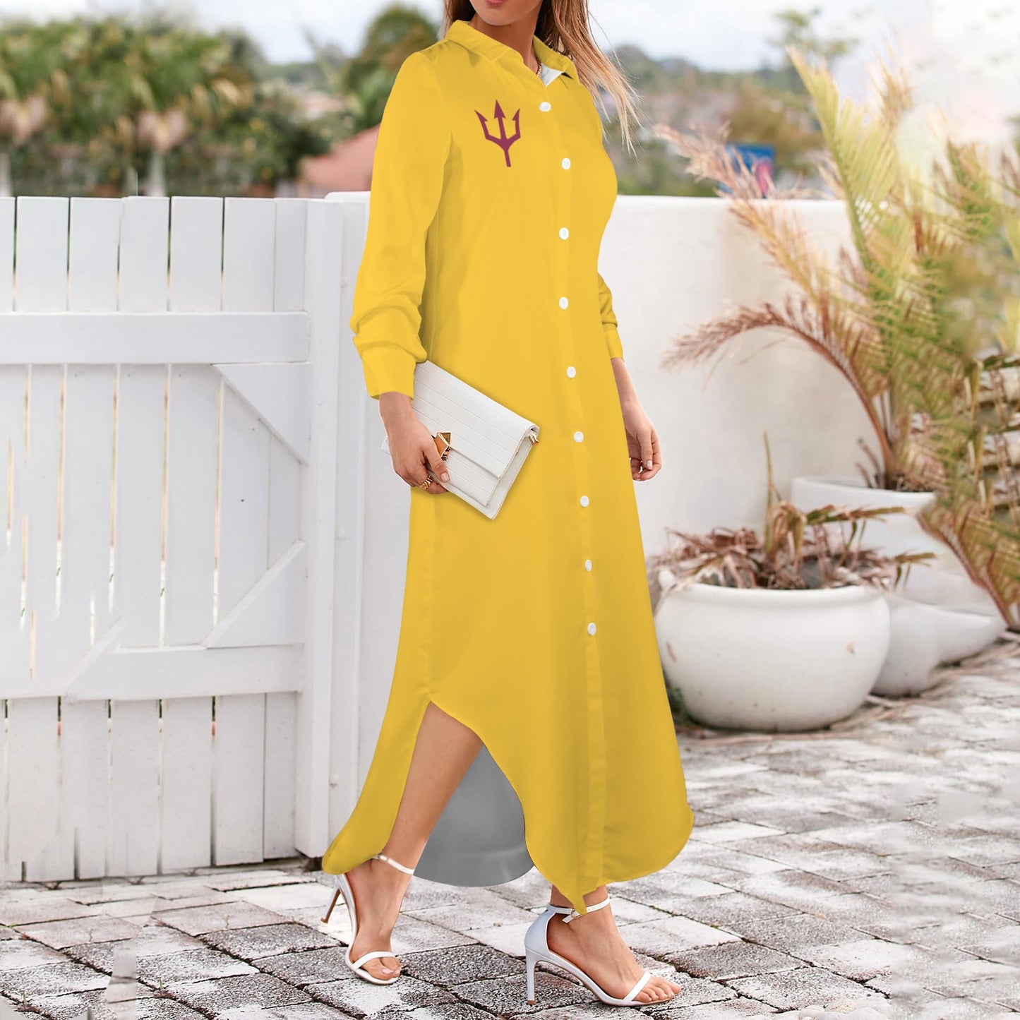 Trident Long Sleeve Shirt Dress, Gold