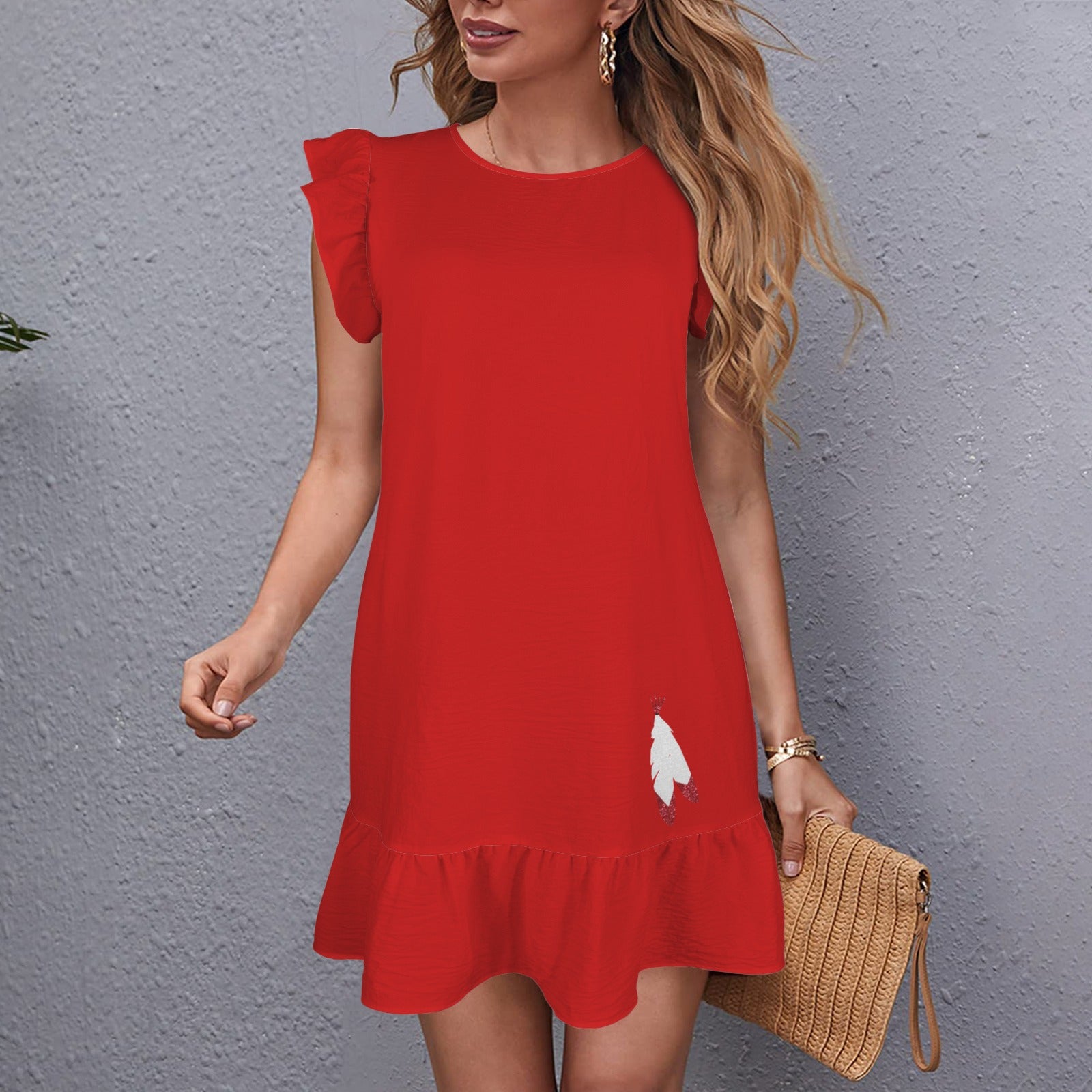 Flowy Glitter Feather Dress, Red